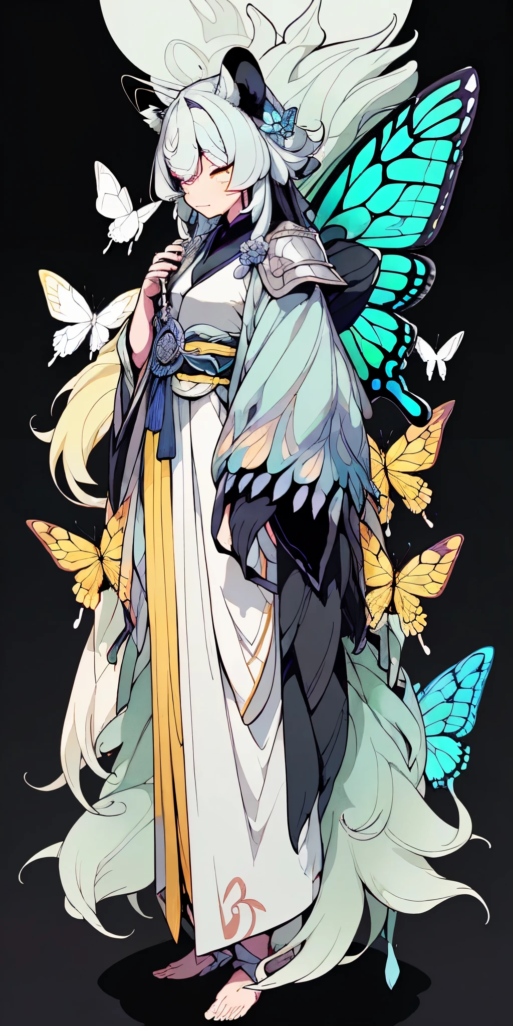(1 Anthropomorphism of butterflies), Painting the whole body while standing, (((独奏))), (tmasterpiece,top Quority,beste-Qualit), ((Anthropomorphism of butterflies)), (((独奏))),Conceptual diagram of the structure of a human butterfly, Creature Armor, Winner of the Character Design Contest, Magic Butterfly, great character design,, Butterfly Man Fantasy, ((Magic style,Medieval art,Western aesthetics)), Interesting character design, insect trainer girl, No type, cushart kenz, full body concept, high quality character design, (((独奏))), The Art of Character Design, ((A very simple backstory))、(Game Character Design), with black background(((flatcolors)))