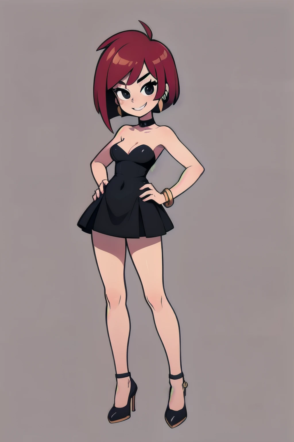 (masterpiece:1.4), (best quality:1.4), (high resolution:1.4), cartoonstyle, frankiefoster, age, 1 girl, solo, short red hair, bob hair, black eyes, smile, little black dress, black strapless dress, skin-tight dress, black choker, gold hoop earrings, gold bracelet, black high heel shoes, medium breasts, slim, wide hips, fancy hotel background, standing, hands on hips,