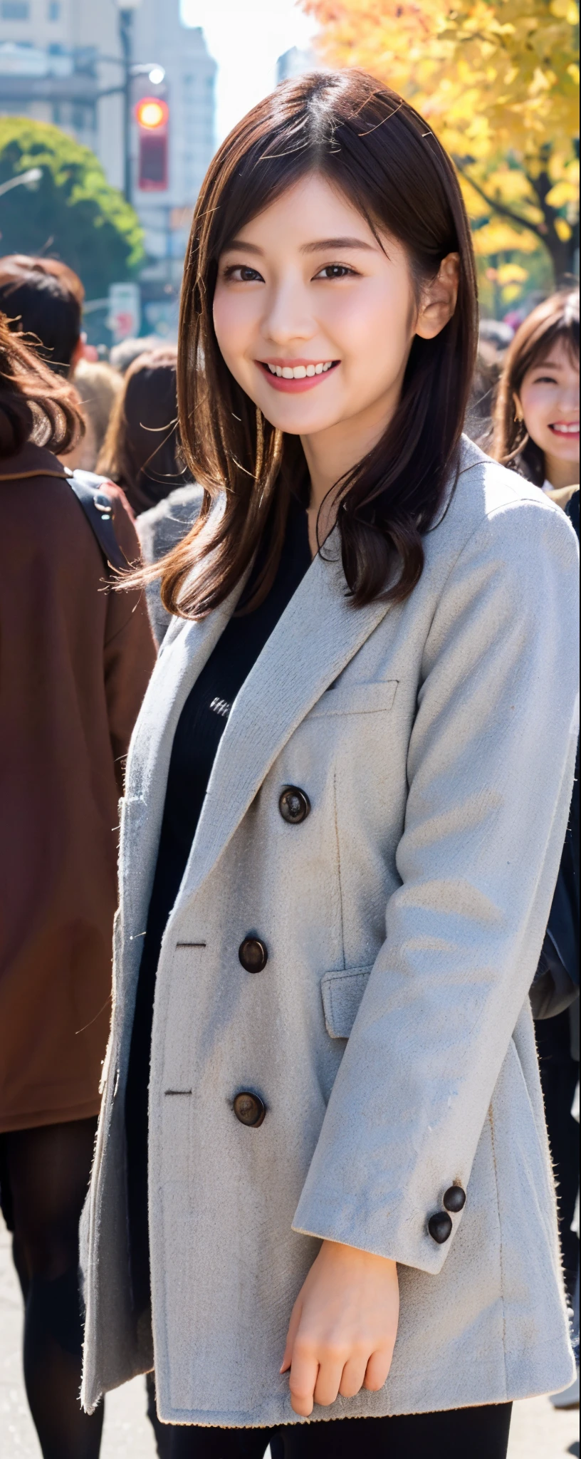(8k, RAW photos, top quality, masterpiece: 1.2, ultra detailed, super resolution, real photos: 1.37), (Full body photo), 1 noble elegant Japanese lady, (standing contrapposte), ((pale color coodinate amber peach light brown other color, wearing over-size grey coat, beige long skirt, inner shirt, black tights, wearing long boots)), Shiny, Smile, Looks like 1.8 meters tall, large pelvis, Large breasts, big cuvy hips, Thin waist, Long legs, skin hyper-detail, 20 years old, Perfect face, (Detailed facial features), Wavy hair, Daylight, autumn season, center of street, crowd of people,