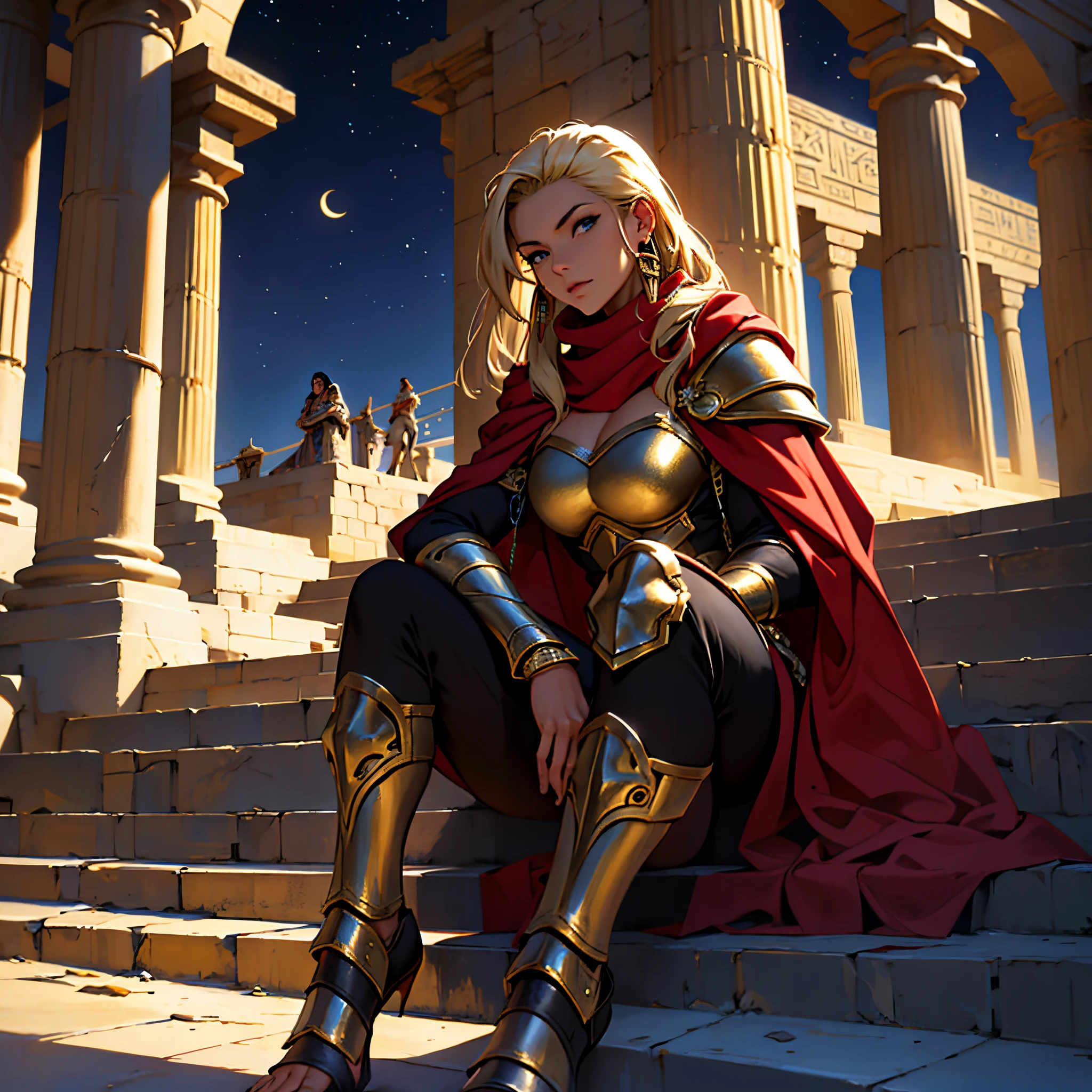 ​masterpiece, Best Quality, 4k, Very detailed, Background with: In front of egyptian temple stairs under the crescent moon in the desert night, Moroccan female warrior wearing Islamic armor(1 person), red hijab, Fantasy, The perfect human body, a blond, Sitting on the stairs, close up portrait photo