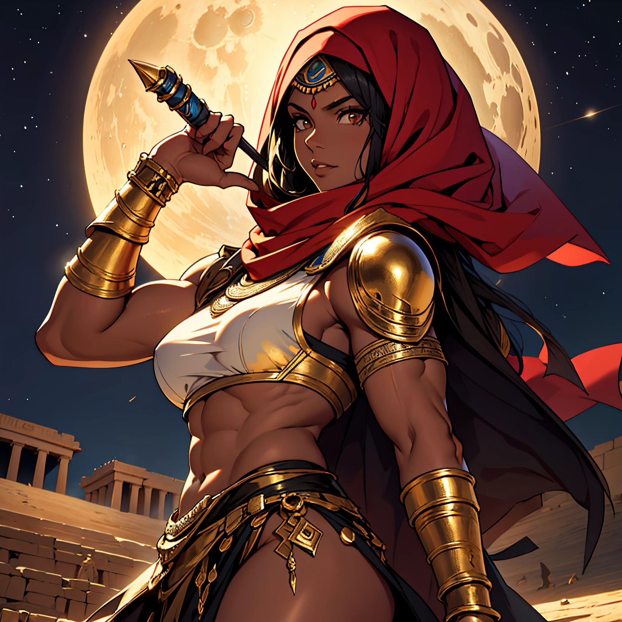 masterpiece, Best Quality, 4k, Very detailed, Background with: In front of egyptian temple stairs under the crescent moon in the desert night, Moroccan female warrior wearing Islamic armor,very dark skin and muscular physique, red hijab, Gold decoration, The perfect human body,