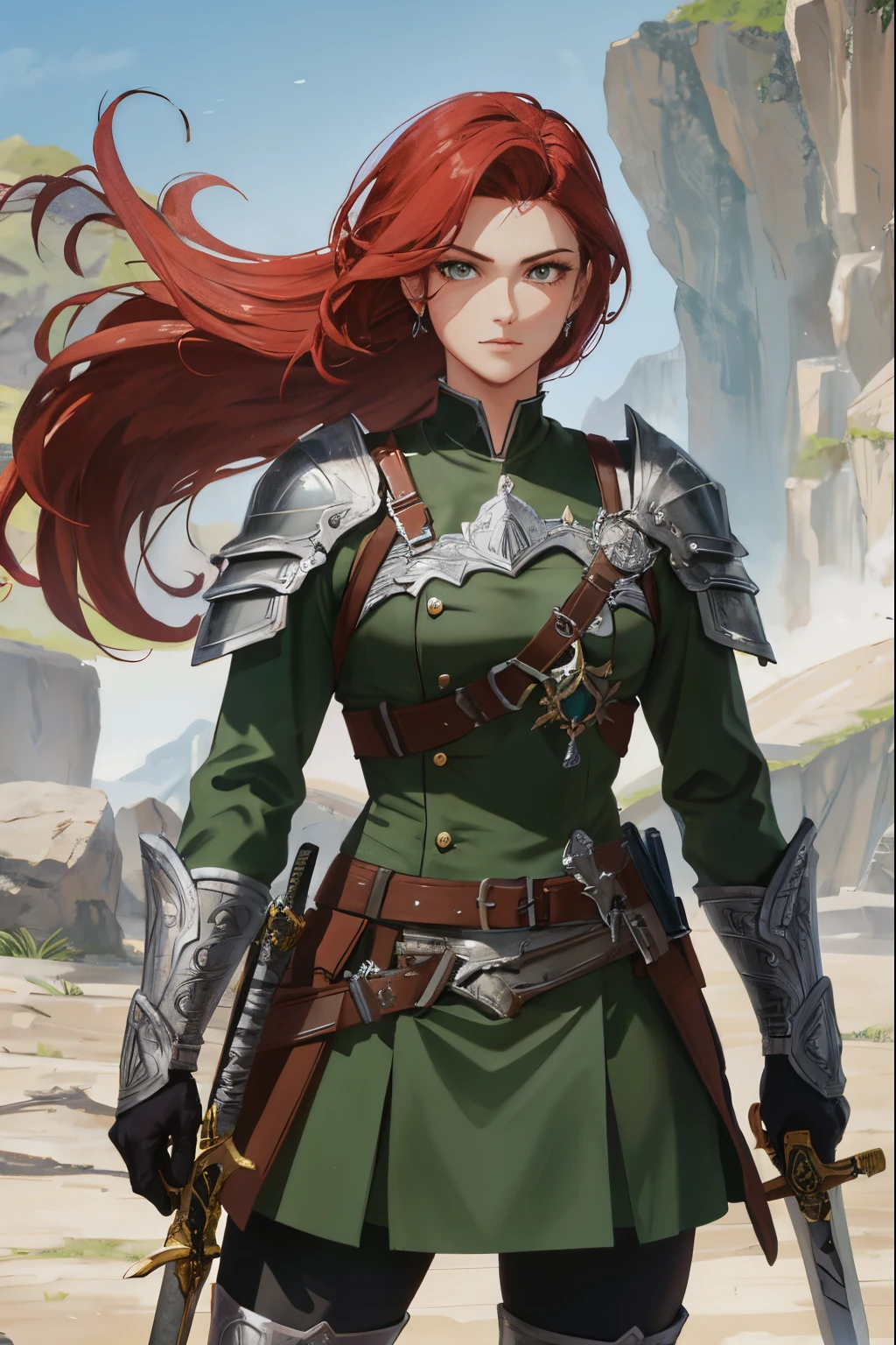 Mulher, ruiva, olhos verdes, cavaleira, segurando uma espada grande e larga, tons de marrom , forte, anime, swordswoman,.espada grande, armadura