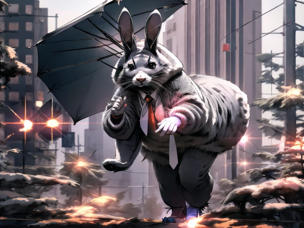 A big gray rabbit wearing glasses stands on the street，