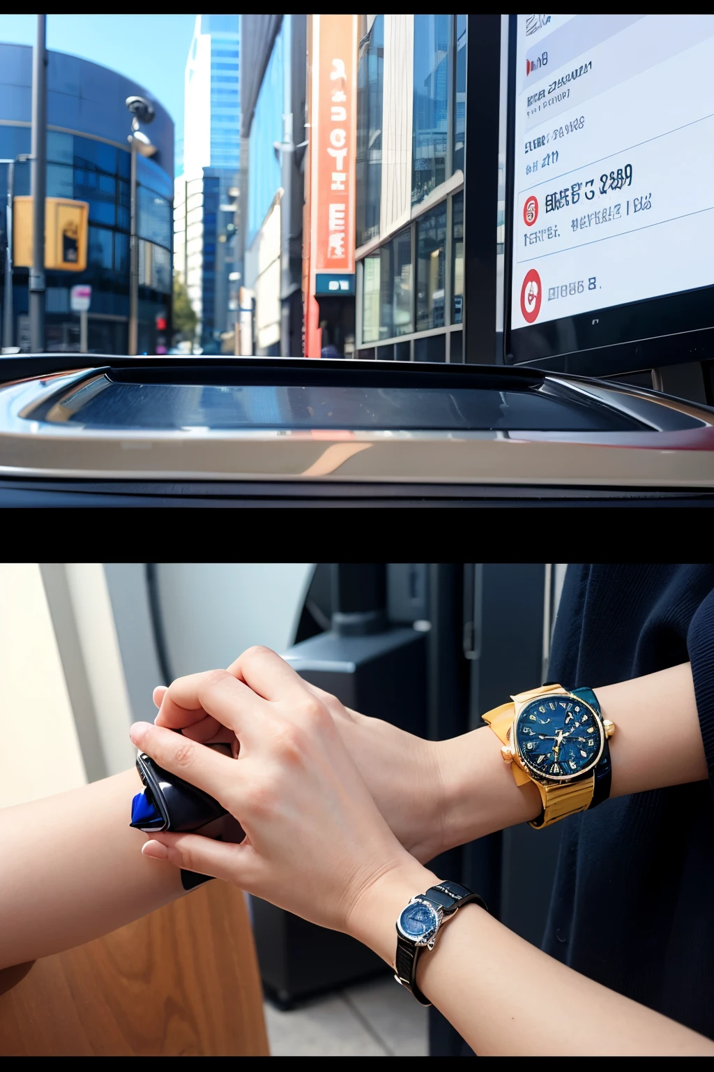 Background with:Featured display of modern city skylines:Health data displayed on watch screen,The function watch such as call reminder is the screen theme watch close-up advertising style