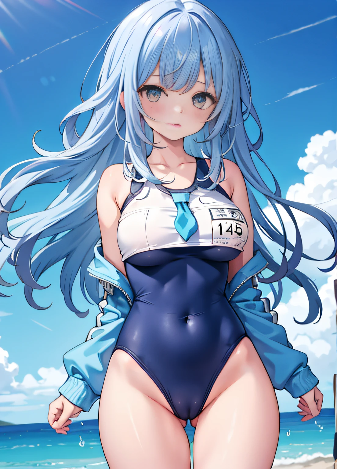 1个Giant Breast Girl,, Crotch cutout, Open crotch, , catss,Alone ,, Large breasts, Be red in the face, blue one-piece swimsuit, School swimsuits
