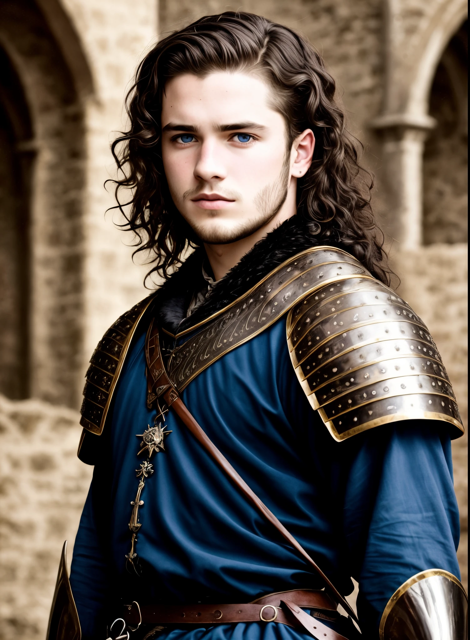 Game of Thrones. A young prince Baratheon with black hair, a little long and wavy. Blue eyes. No facial hair. Medieval armor. Realistic portrait