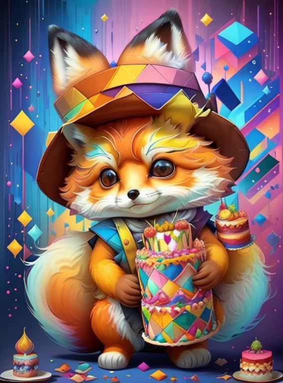 (cute baby fox with a hat and a cake),(melhor pose),(best angle), (better expression), Eduardo Kobra acolchoamento ,multidimensional geometric wall PORTRAIT, arte, Chibi,
Yang08k, lindo, Colouring,
Primary works, qualidade superior, melhor qualidade, Arte Oficial, Beautiful and Aesthetic, pelos coloridos,