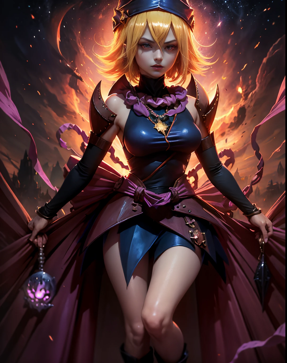 Dark magician girl as a scary legendary demon in the burning hell realm with an army of demons