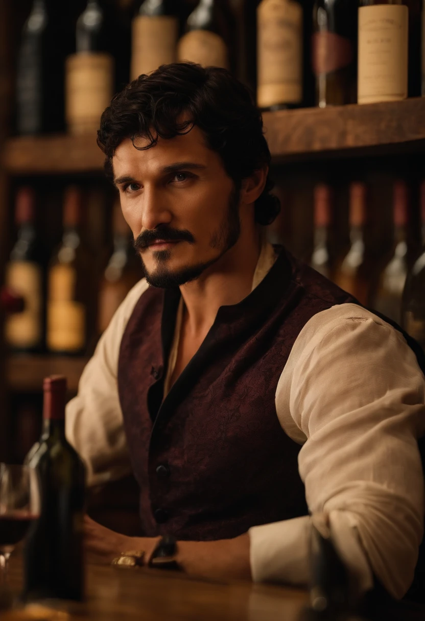 A photo of Oberyn at a private wine tasting event, surrounded by rare and exquisite bottles,Game of Thrones TV series,Oberyn is a tall man with black hair and a beard, famously portrayed by Pedro Pascal, male