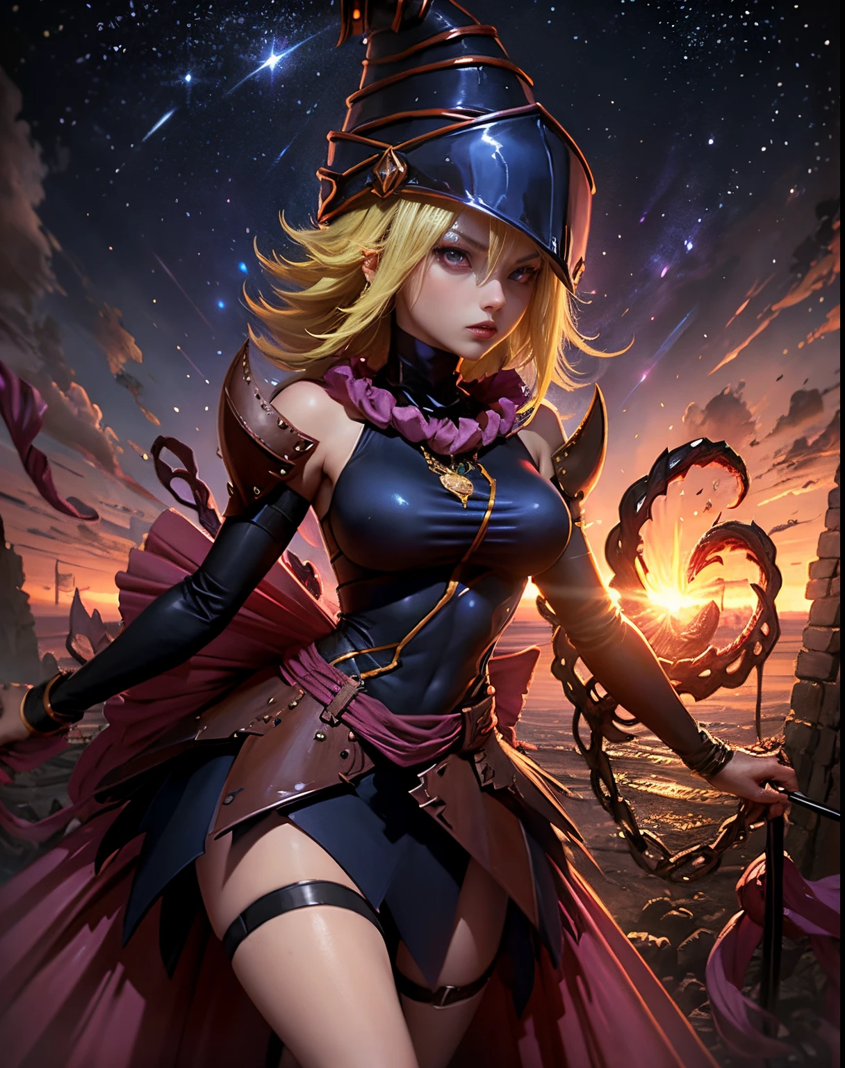 Dark magician girl as a scary legendary demon in the burning hell realm with an army of demons