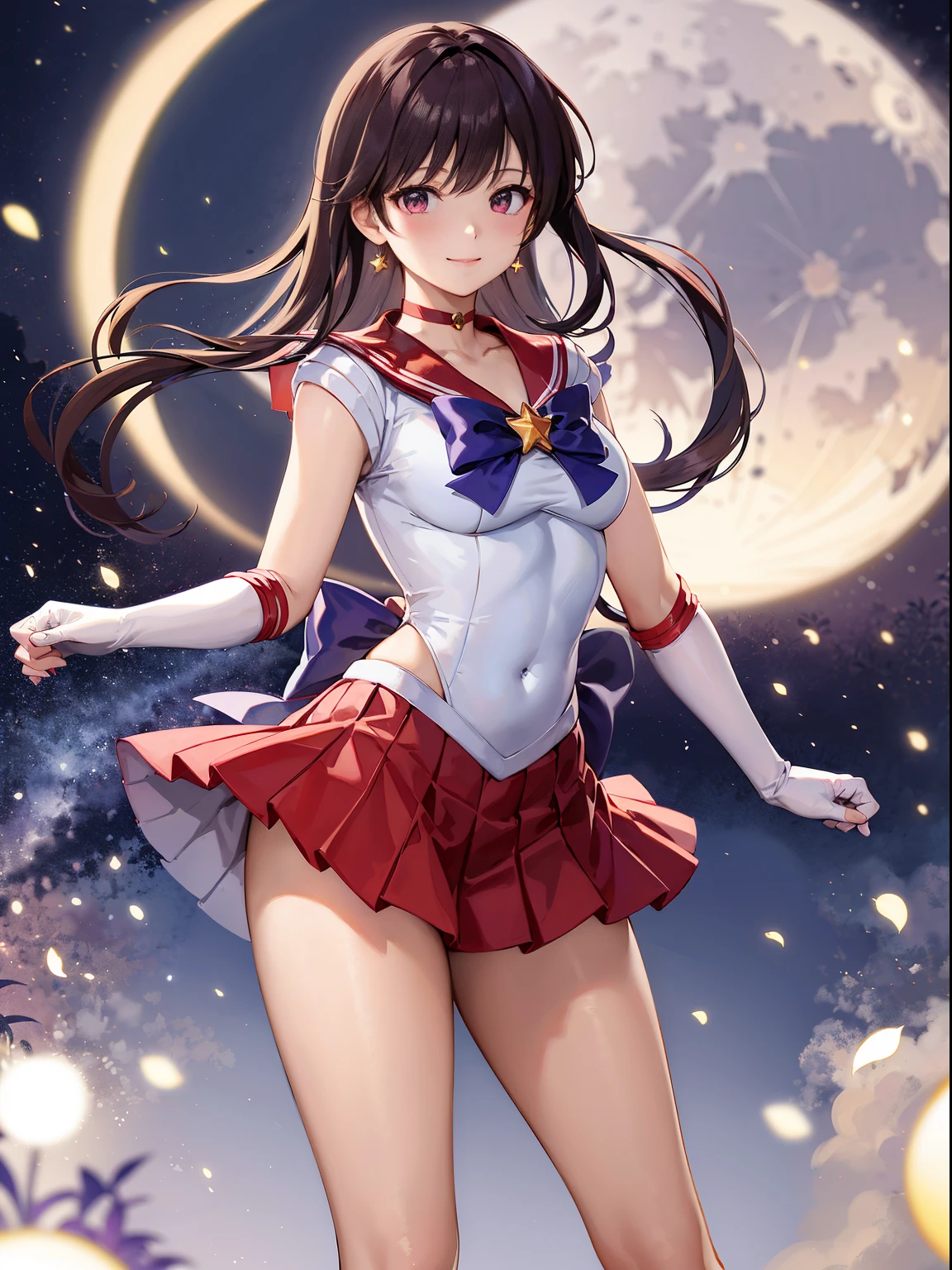 (​masterpiece、top-quality), Hi-Res, SAMA1, tiarra, skirt by the, Sailor Senshi Uniform, white glove, red sailor collar, a red skirt, star choker, elbowgloves, pleatedskirt, Bare legged, 鎖骨, Purple bow, is standing, a smile, a moon,