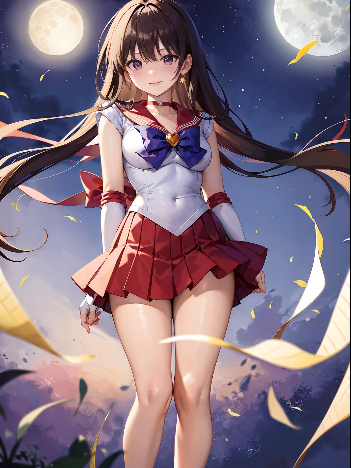 (​masterpiece、top-quality), Hi-Res, SAMA1, tiarra, skirt by the, Sailor Senshi Uniform, white glove, red sailor collar, a red skirt, star choker, elbowgloves, pleatedskirt, Bare legged, 鎖骨, Purple bow, is standing, a smile, a moon,