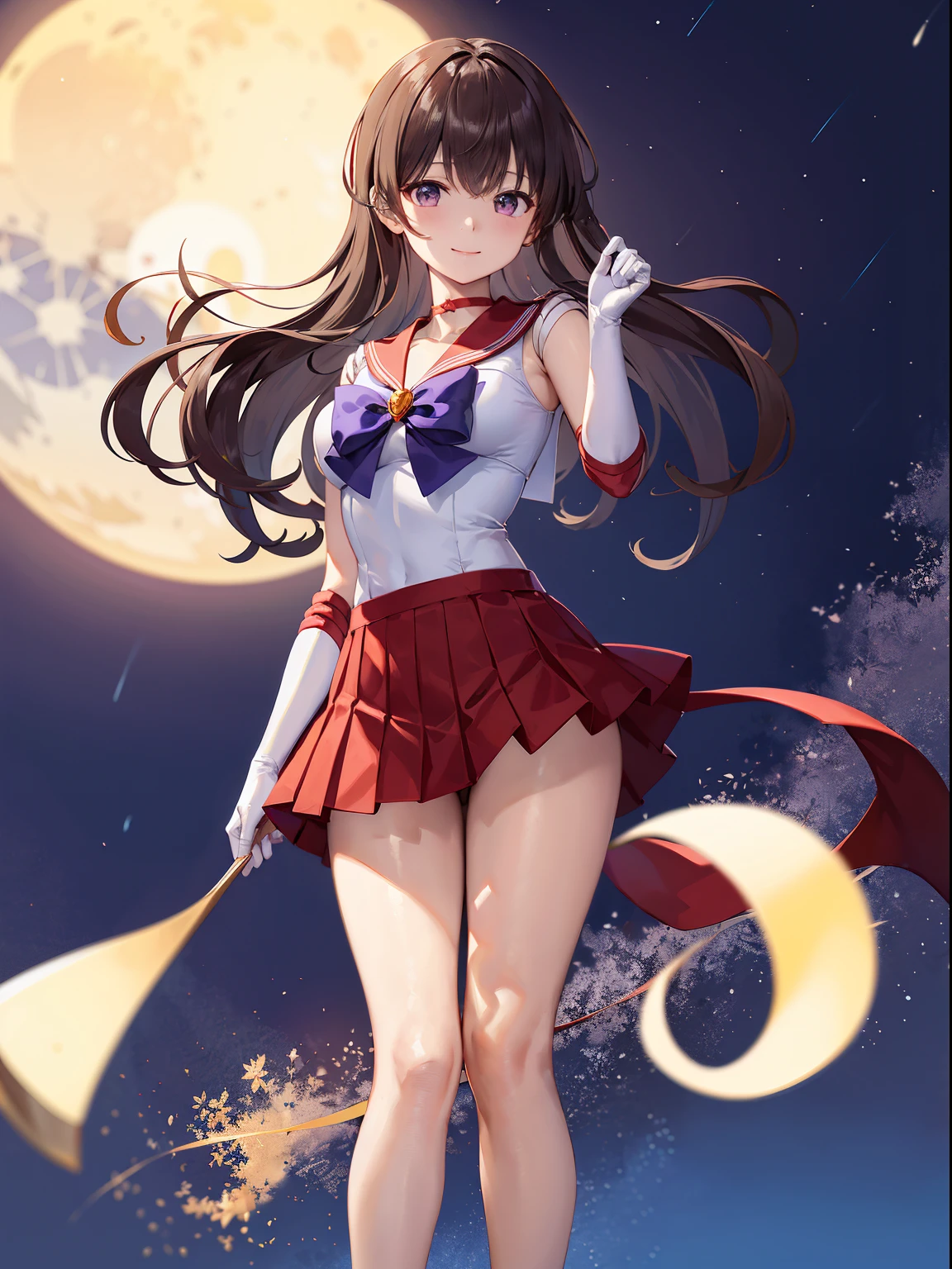 (​masterpiece、top-quality), Hi-Res, SAMA1, tiarra, skirt by the, Sailor Senshi Uniform, white glove, red sailor collar, a red skirt, star choker, elbowgloves, pleatedskirt, Bare legged, 鎖骨, Purple bow, is standing, a smile, a moon,