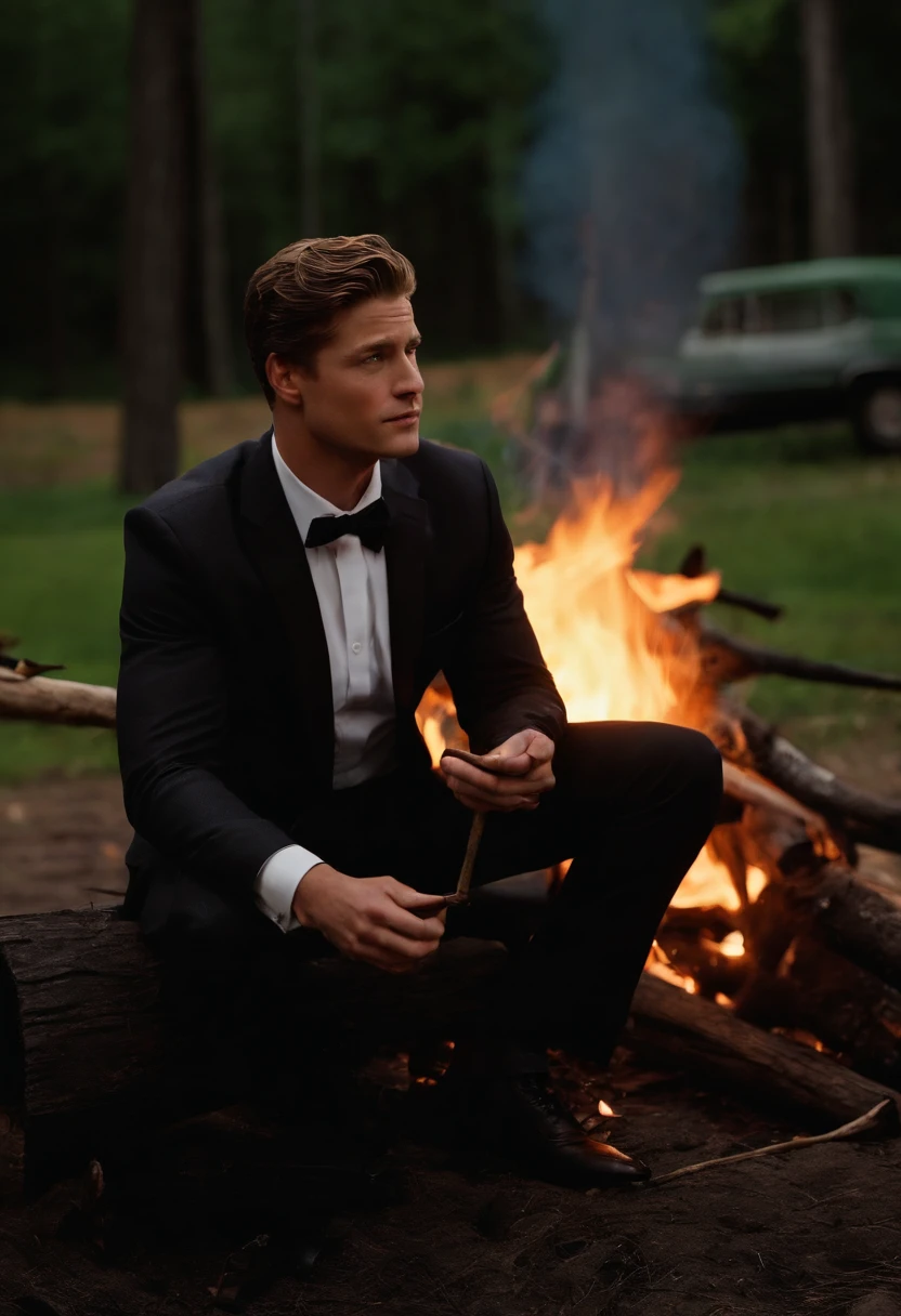 A photo of Jim sitting by the bonfire, holding a stick with a roasted marshmallow over the flames.,Gotham,Jim has very short brown hair, styled neatly. Wears a suit and tie, is a detective, famously portrayed by Ben McKenzie, male