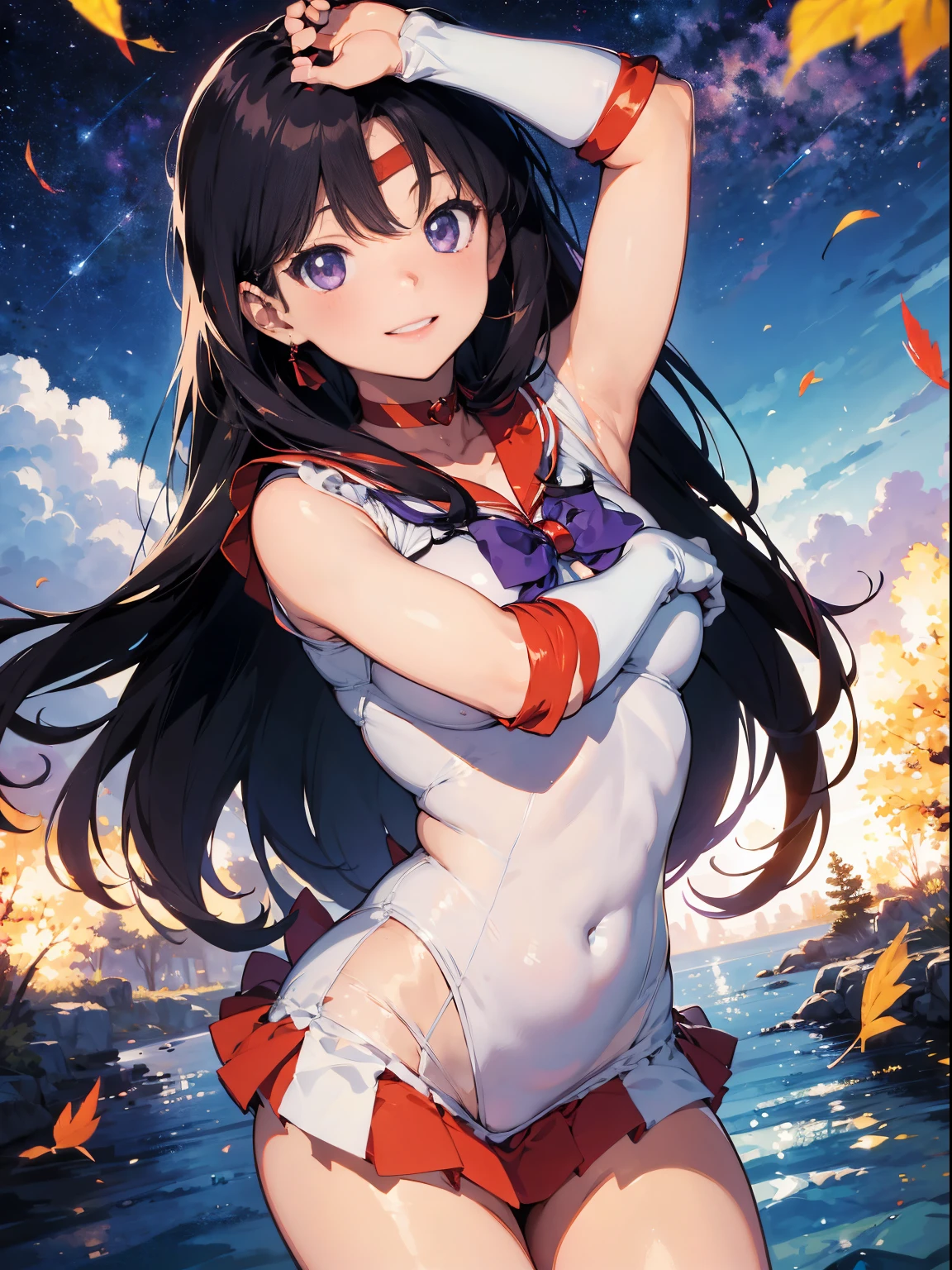 8K, of the highest quality, 超A high resolution, Sailor Mars、Beautiful Girl、Sailor Senshi Uniform、Rei Hino、Solo、(trademark pose , Sexy: 1.4), Red sailor collar、Blue bow tie、Autumn_Leaves、has a very long black sea、Bright and cute girl、Flames Around Her、magical girl、a red choker、white leotard、robe blanche, Maple_fronds, of the highest quality、fronds、marker_(Medium)、Neck、Full body、elbowgloves、makeup、Shiny jewelry、circlet、up looking_で_viewer、white glove、Eye lashes、Lips、Smile、Red mini skirt、鎖骨、Bare shoulders、Bangs、Vivid, Realistic、 Purple eyes、Black eyes 、Multicolored_Background、Covered_Navel、Caring smile,