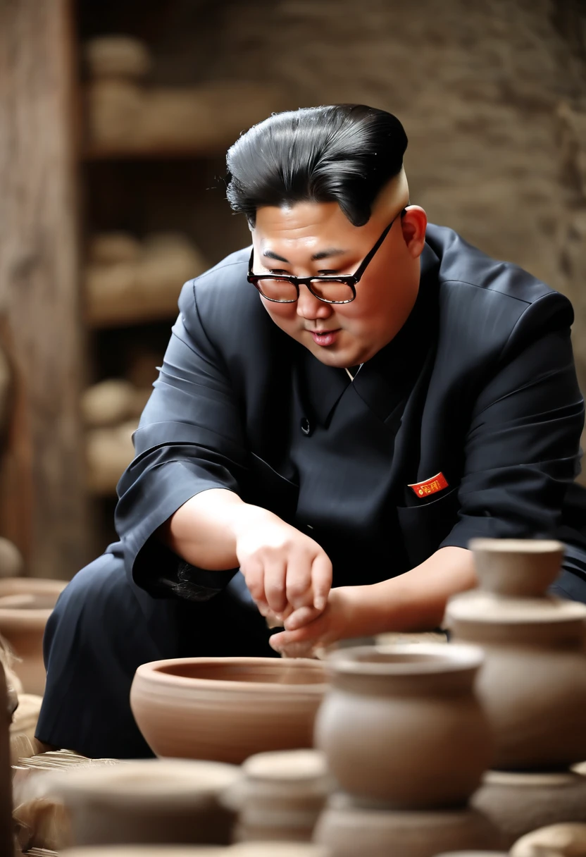 A photo of Kim Jong-un at a traditional Korean pottery workshop,original,Kim Jong-un, the North Korean leader, is known for his distinctive appearance: a round face, a distinctive haircut with shaved sides and longer hair on top, and a stocky build. He is often seen in public wearing suits or military-style attire, which adds to his authoritative image. , male