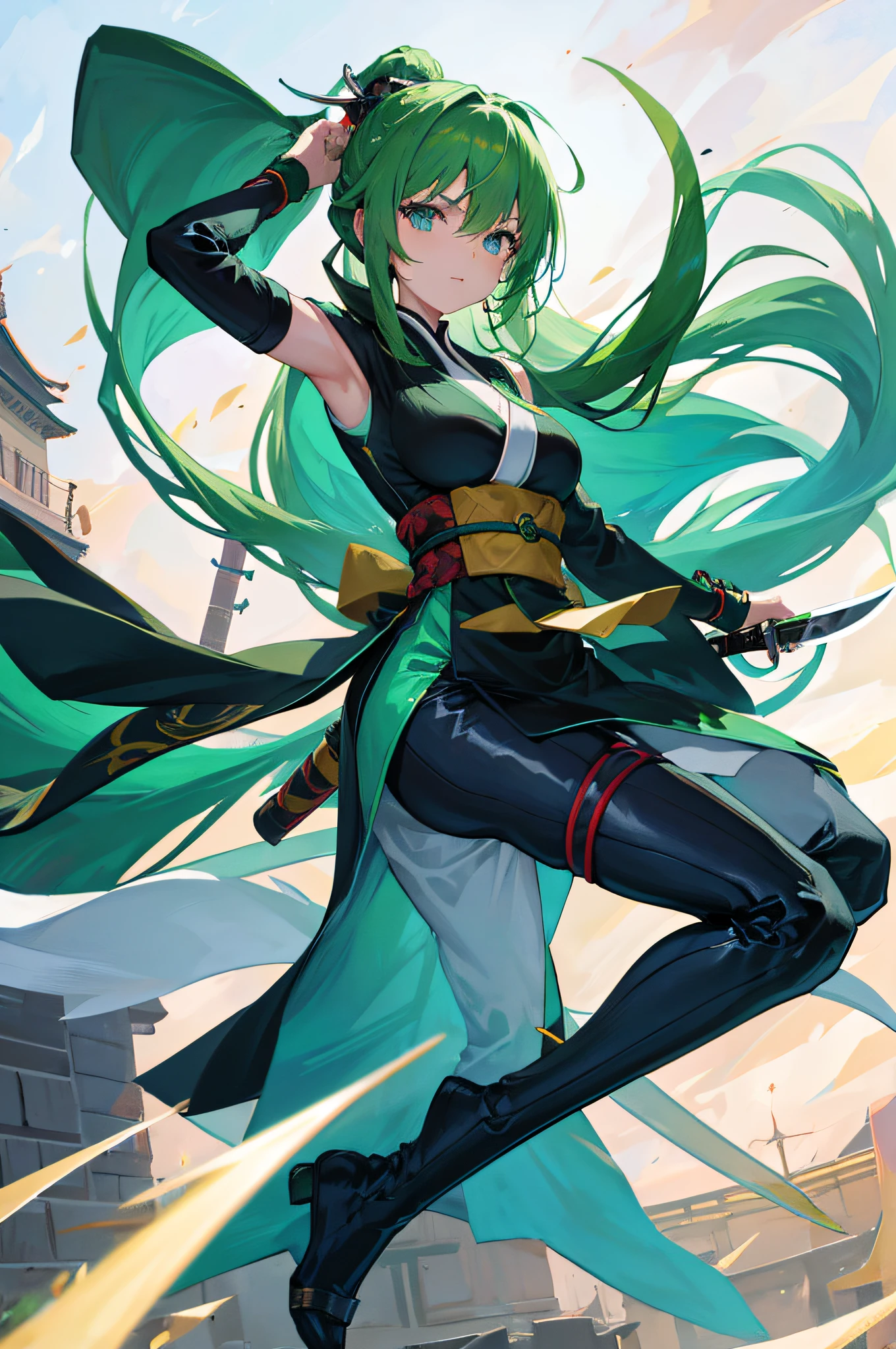 4K,hight resolution,One Woman,Green hair,Blue eyes,Longhaire,ninjartist,White Ninja Uniform,Knives,shuriken,Japan castle town