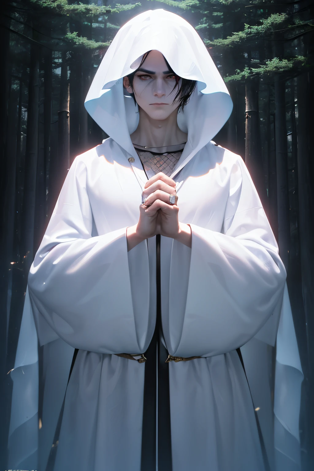 (best quality,4k,highres),(powerful,dominant,strong:1.1),tall man,(manly,extremely masculine:1.1),(slicked back black hair:1.1),(neutral facial expression:1.1),(white hood),(white robes),(Greek robes),gold necklace,gold rings,(ghosts surrounding him:1.1),(standing in a forest),(vivid colors),(sharp focus),(concept artists),(studio lighting)