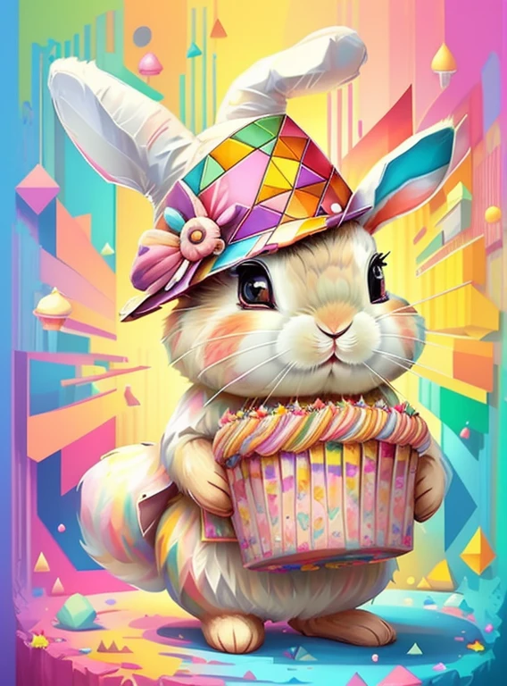 (cute bunny with a hat and a cupcake),(melhor pose),(best angle), (better expression), Eduardo Kobra acolchoamento ,multidimensional geometric wall PORTRAIT, arte, Chibi,
Yang08k, lindo, Colouring,
Primary works, qualidade superior, melhor qualidade, Arte Oficial, Beautiful and Aesthetic, pelos coloridos,