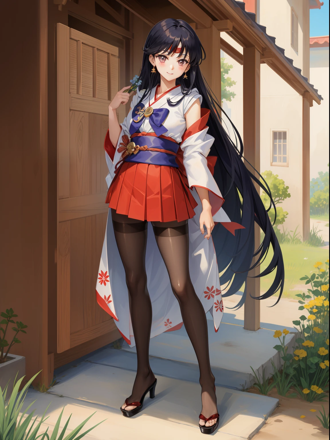 masterpiece, top-quality, absurderes, perfect anatomia, 1girl in, 独奏, Sailor Mars, Very long hair, partedbangs, poneyTail、((shrine maiden clothe))、((Kimono))、((a miniskirt)) cowboy shot, A smile、((pantyhose))、(high-heels)、(golden cage)