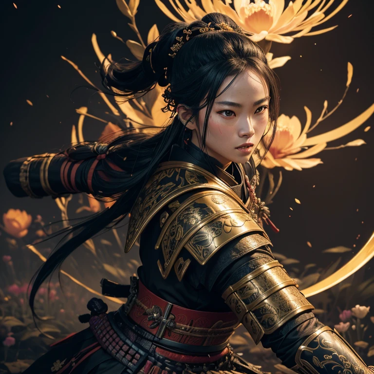 Confident Samurai Warrior, Wearing gold and black 16-th Century Samurai Armor, Fighting pose (Peach flower garden background) Detailed matte painting, deep color, fantastical, intricate detail, splash screen, complementary colors, fantasy concept art, 8k resolution trending on Artstation Unreal Engine 5,chiaroscuro, bioluminescent, Jim Lee art, photo r3al,photo r3al,Extremely Realistic,more detail XL,dripping paint