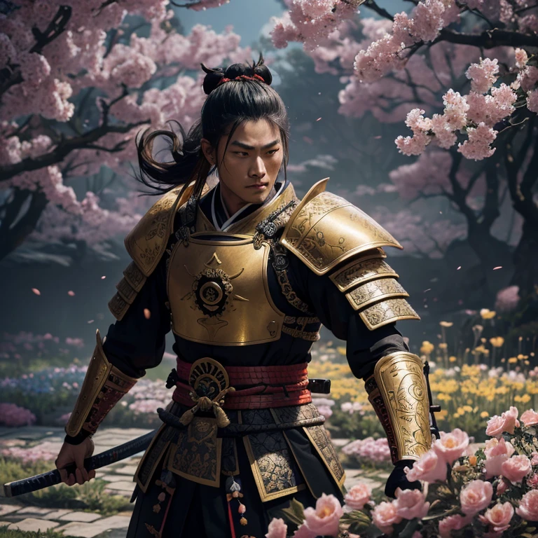 Confident Samurai Warrior, Wearing gold and black 16-th Century Samurai Armor, Fighting pose (Peach flower garden background) Detailed matte painting, deep color, fantastical, intricate detail, splash screen, complementary colors, fantasy concept art, 8k resolution trending on Artstation Unreal Engine 5,chiaroscuro, bioluminescent, Jim Lee art, photo r3al,photo r3al,Extremely Realistic,more detail XL,dripping paint