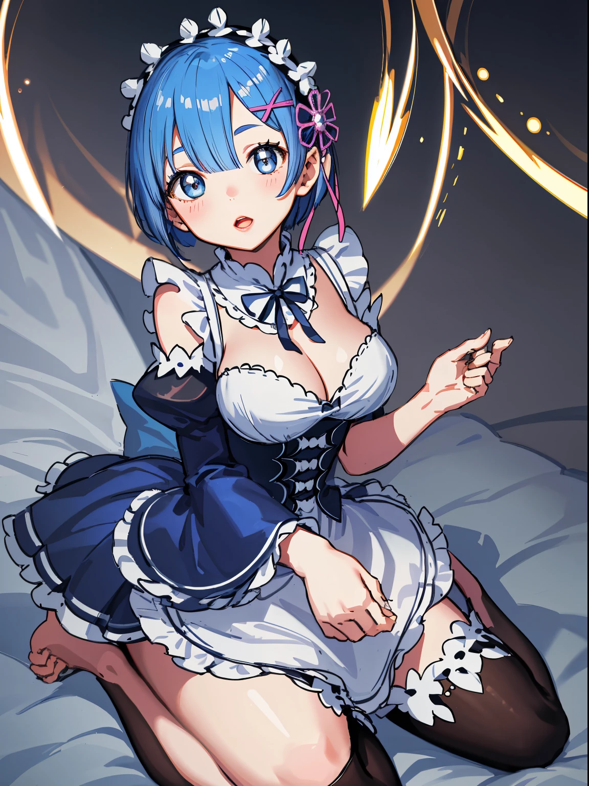 (masterpiece, best quality;1.3), ultra detailed, Looking at viewer, kissy face,   from above, open mouth,full body, kneeling,
rem_re_zero, blue hair, short hair, maid uniform, hair ornament, cleavage, maid headdress, detached sleeves, ribbon heart-shaped pupils,pink back ground,