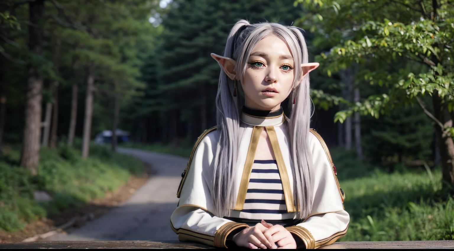 frieren, long hair, twintails, (green eyes:1.5), grey hair, pointy ears, elf, shirt, long sleeves, jewelry, pantyhose, earrings, striped, black pantyhose, capelet, striped shirt, looking at viewer, upper body, outdoors, forest, detailed face, detailed eyes, beauty, extremely beautiful face