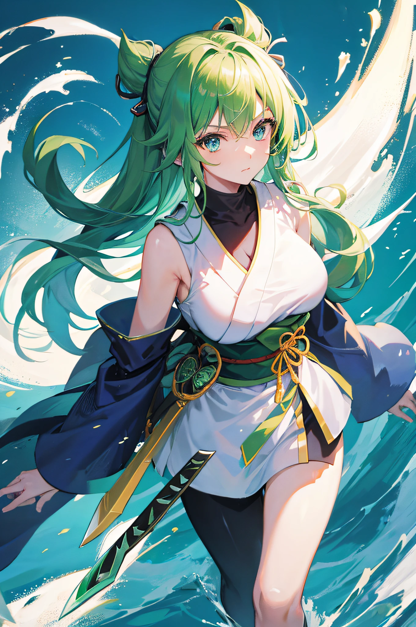 4K,hight resolution,One Woman,Green hair,Blue eyes,Longhaire,ninjartist,White Ninja Uniform,Knives,shuriken,Japan castle town