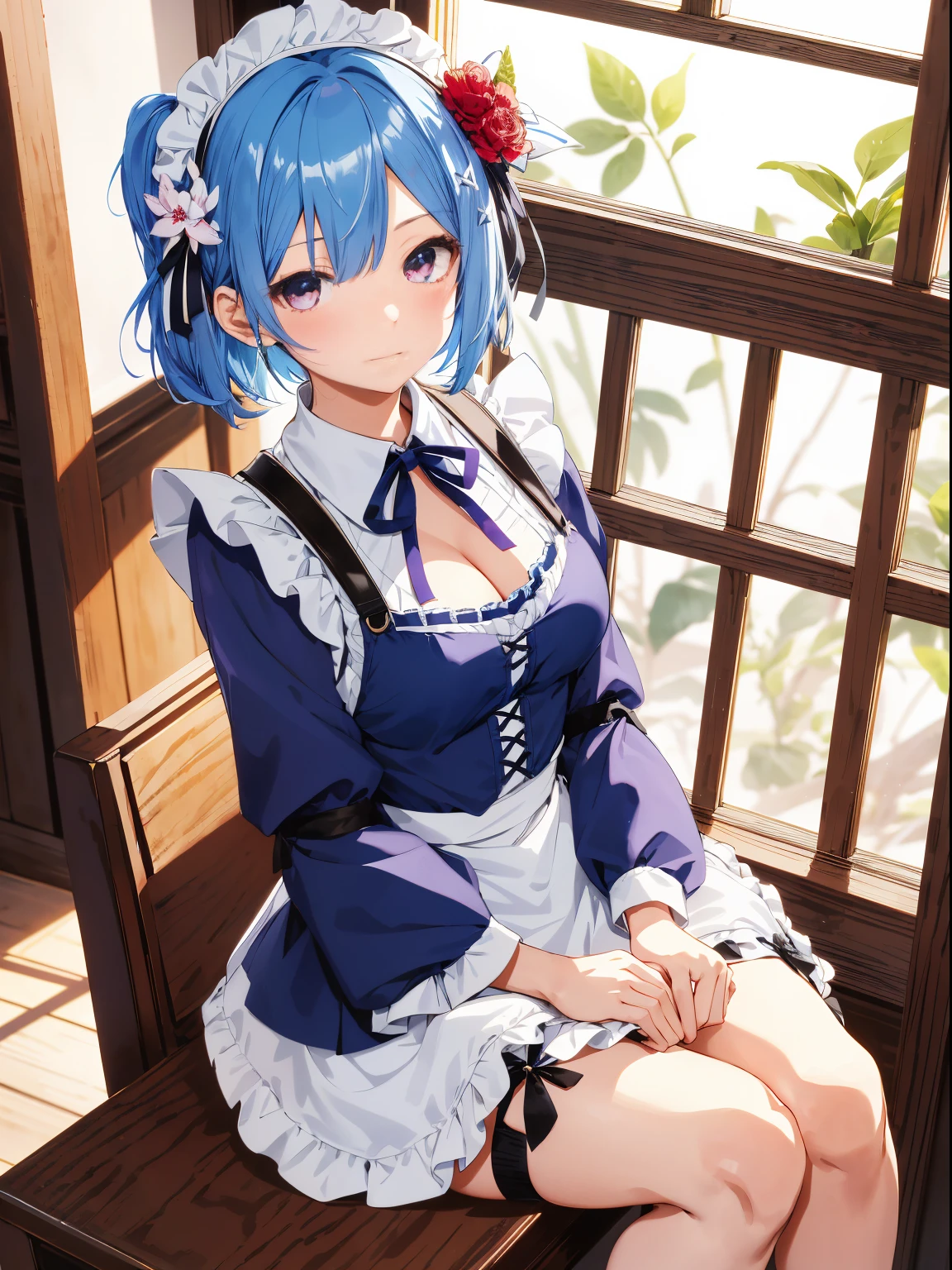 masutepiece, Best Quality, hight resolution, ram1, 1girll, Solo, Remu \(Re:Staynight\), Blue hair, white thighhig, Short hair, Red Eyes, Hair in one eye, Ribbon trim, Hair Ribbon, x hair ornament, frilld, Maid headdress, Waist apron, garterbelts, a black ribbon, medium breasts, cleavage, Long sleeves, White Apron, Neck ribbon, Purple Ribbon, Wide sleeves, Hair Flower, Indoors, Sitting, crossed legs,