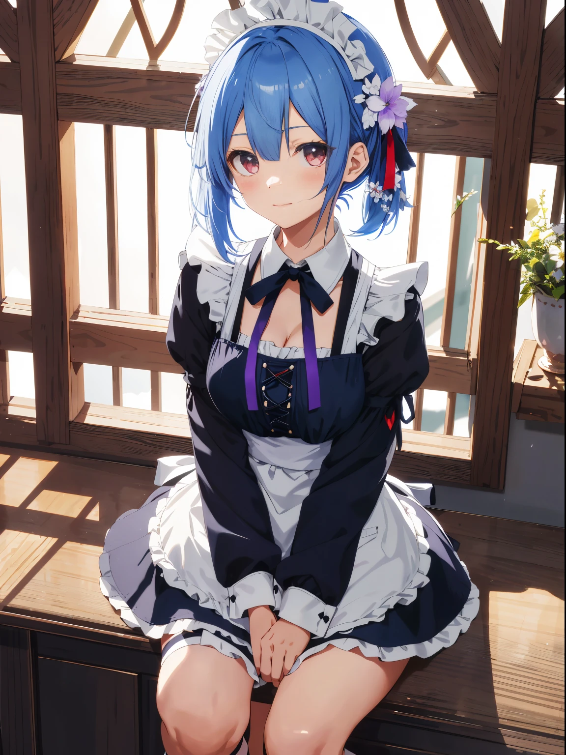 masutepiece, Best Quality, hight resolution, ram1, 1girll, Solo, Remu \(Re:Staynight\), Blue hair, white thighhig, Short hair, Red Eyes, Hair in one eye, Ribbon trim, Hair Ribbon, x hair ornament, frilld, Maid headdress, Waist apron, garterbelts, a black ribbon, medium breasts, cleavage, Long sleeves, White Apron, Neck ribbon, Purple Ribbon, Wide sleeves, Hair Flower, Indoors, Sitting, crossed legs,
