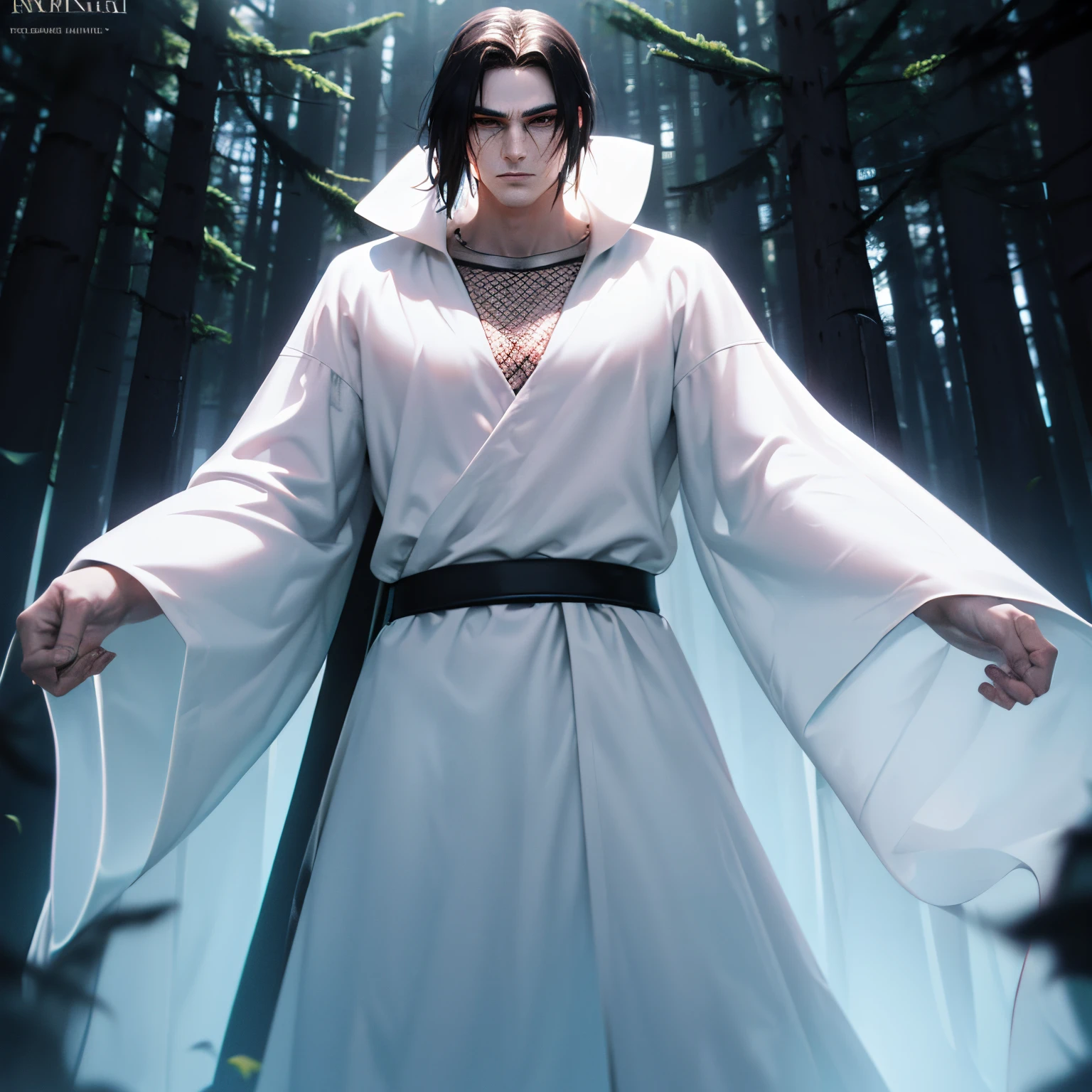 (best quality,4k,highres),(powerful,dominant,strong:1.1),tall man,(manly,extremely masculine:1.1),(slicked back black hair:1.1),(neutral facial expression:1.1),(white hood),(white robes),(Greek robes),gold necklace,gold rings,(ghosts surrounding him:1.1),(standing in a forest),(vivid colors),(sharp focus),(concept artists),(studio lighting), black markings on robe, not solid white