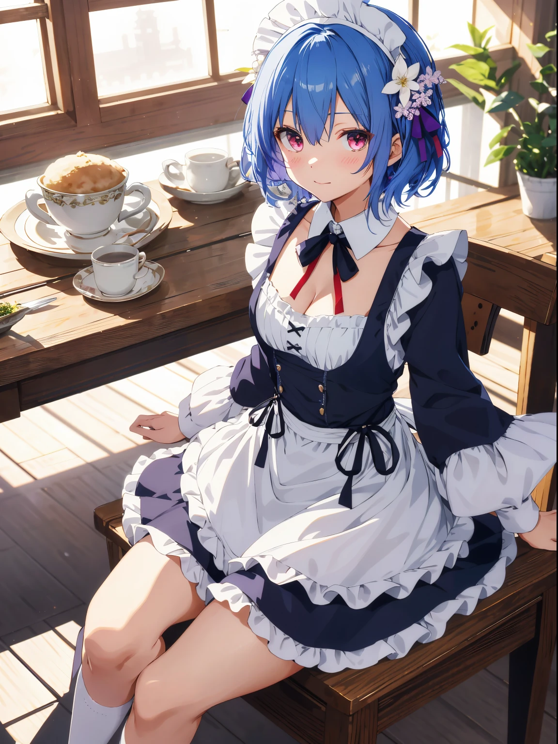 masutepiece, Best Quality, hight resolution, ram1, 1girll, Solo, Remu \(Re:Staynight\), Blue hair, white thighhig, Short hair, Red Eyes, Hair in one eye, Ribbon trim, Hair Ribbon, x hair ornament, frilld, Maid headdress, Waist apron, garterbelts, a black ribbon, medium breasts, cleavage, Long sleeves, White Apron, Neck ribbon, Purple Ribbon, Wide sleeves, Hair Flower, Indoors, Sitting, crossed legs,