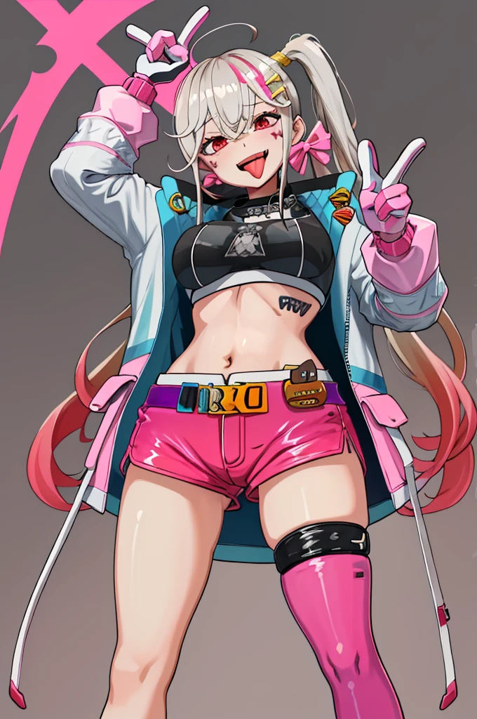 masterpiece, best quality, 1girl, solo, standing, tongue, :D, nikkejackal, facial mark, ahoge, twintails, hair ornament, open clothes, jacket, sports bra, pink shorts, single thighhigh, pink gloves, fangs