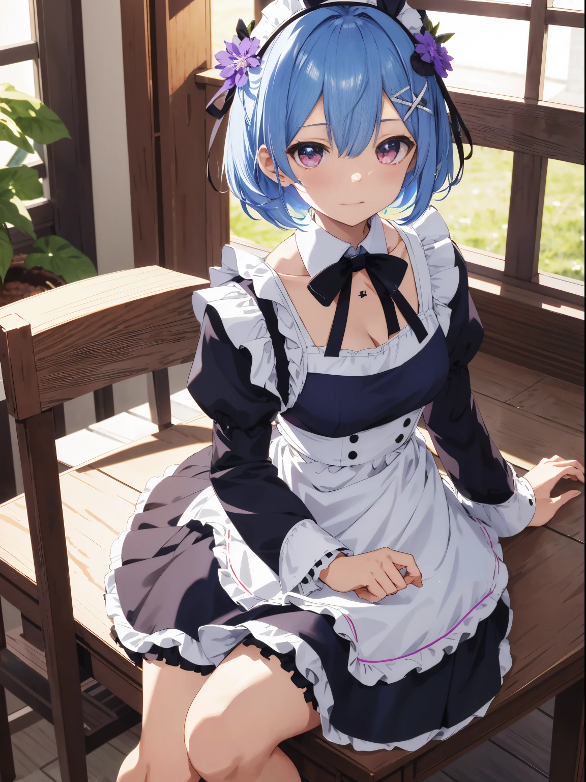 masutepiece, Best Quality, hight resolution, ram1, 1girll, Solo, Remu \(Re:Staynight\), Blue hair, white thighhig, Short hair, Red Eyes, Hair in one eye, Ribbon trim, Hair Ribbon, x hair ornament, frilld, Maid headdress, Waist apron, garterbelts, a black ribbon, medium breasts, cleavage, Long sleeves, White Apron, Neck ribbon, Purple Ribbon, Wide sleeves, Hair Flower, Indoors, Sitting, crossed legs,