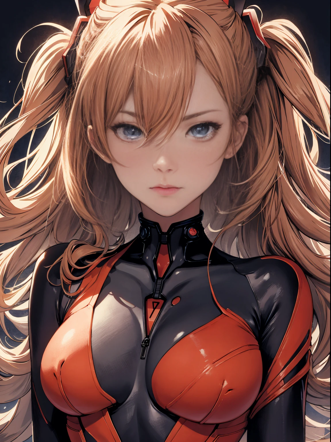 official art, unity 8k wallpaper, ultra detailed, beautiful and aesthetic, masterpiece, best quality, realistic, close-up, skindentation, souryuu asuka langley, interface headset, bodysuit under clothes, detailed eyes, detailed face, detailed hair, black background, straight-on, looking at viewer, glossy,