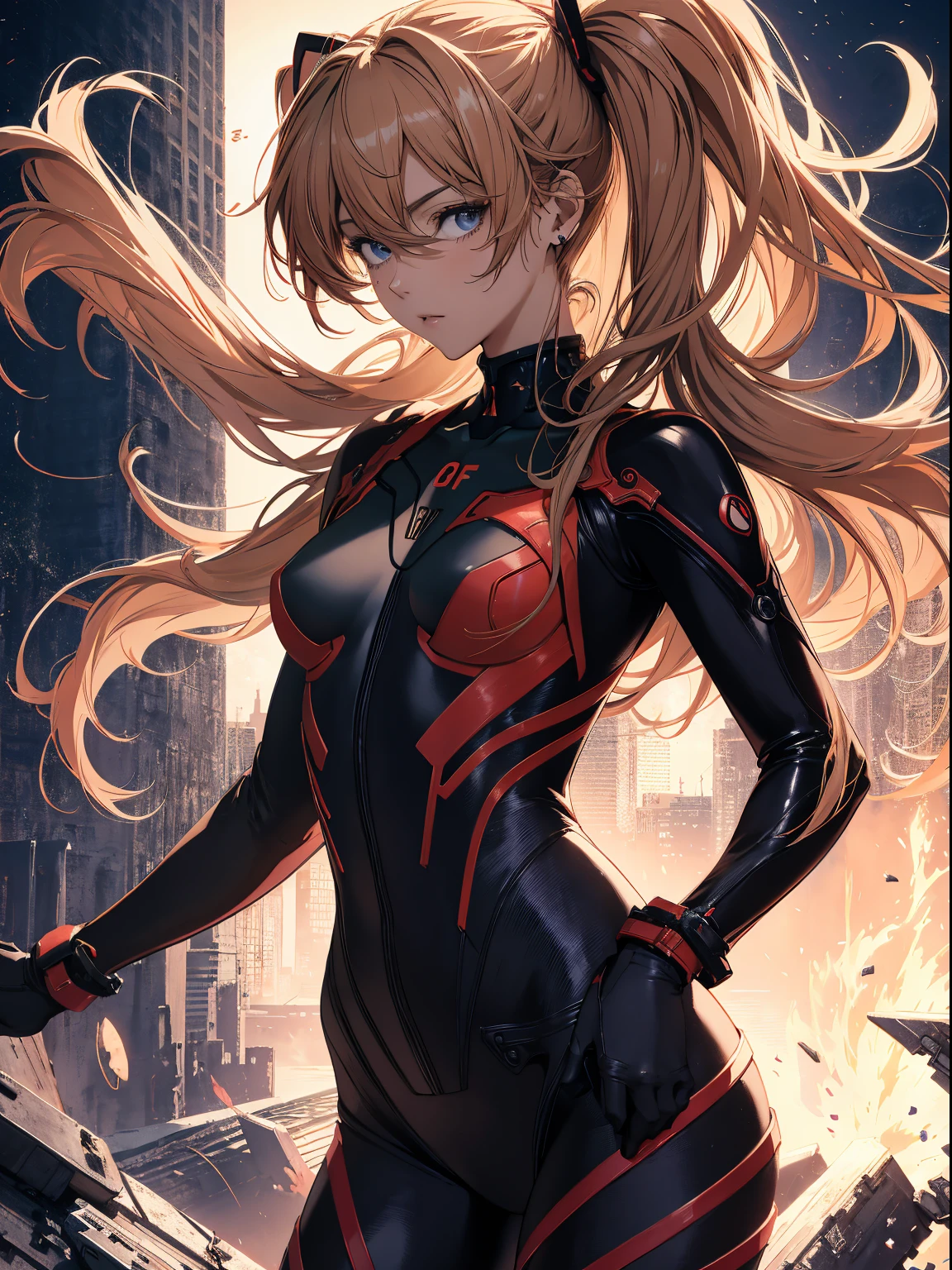 official art, unity 8k wallpaper, ultra detailed, beautiful and aesthetic, masterpiece, best quality, realistic, close-up, skindentation, souryuu asuka langley, interface headset, bodysuit under clothes, detailed eyes, detailed face, detailed hair, black background, straight-on, looking at viewer, glossy,