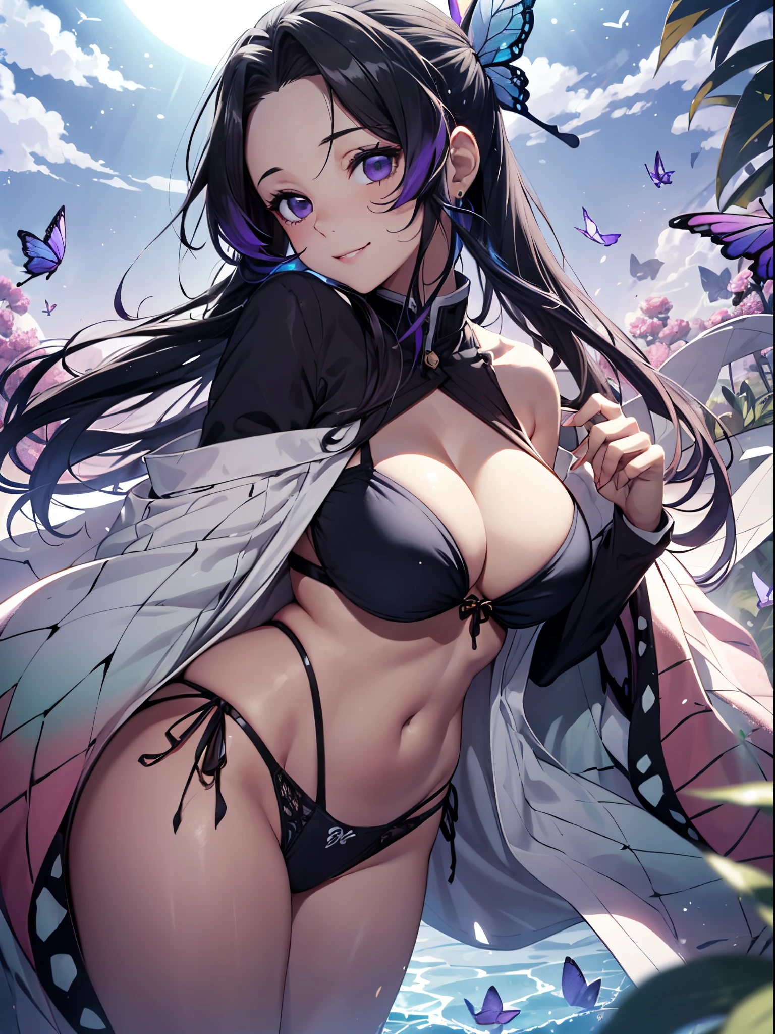Ultra-realistic 8kCG,tmasterpiece,((hyper detailed background,delicate patterns,intricate-detail)),best qualtiy,extremely detailed man,extremely detailed eye and face,extremely detailed eye,kochou shinobu,O cabelo multicolorido,No bangs,Hair intake,Black eye,Cap,Black shirt,Black panties,(The bikini),butterflys,Strip Strip,(Trepical Garden:1.2),purple flower,Mostly cloudy sky,rays of sunshine,Tyndall effect,gradient_Heaven,faces,Beautiful sky,Saber on the waist,enchanting posture,(large full breasts:1.3),(cleaveage:1.3),(Off-the-shoulder costumes:1.5),ssmile