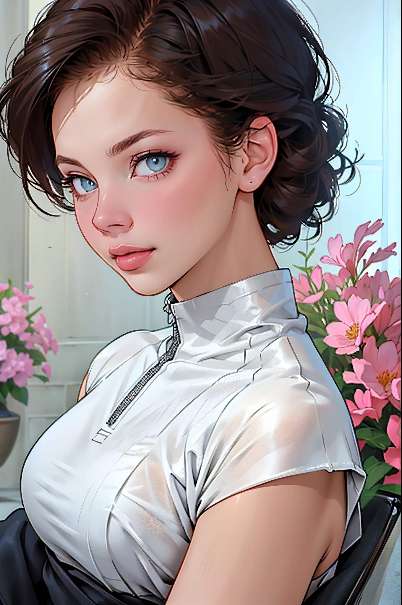 8K, RAW photogr, realisticlying: 1.25), (gloss on the lips, eyeslashes, Shiny face, Glowing and radiant skin, Best quality at best, 超高分辨率, depth of fields, color difference, Caustics, Moisturize lips, super trimmed face, Bright eyes, brunette color hair, half length, Fashionab, Skinny knit dress, sheerness