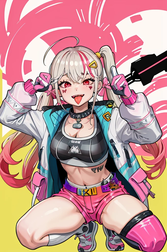 masterpiece, best quality, 1girl, solo, standing, tongue, :D, nikkejackal, facial mark, ahoge, twintails, hair ornament, open clothes, jacket, sports bra, pink shorts, single thighhigh, pink gloves, fangs, squat