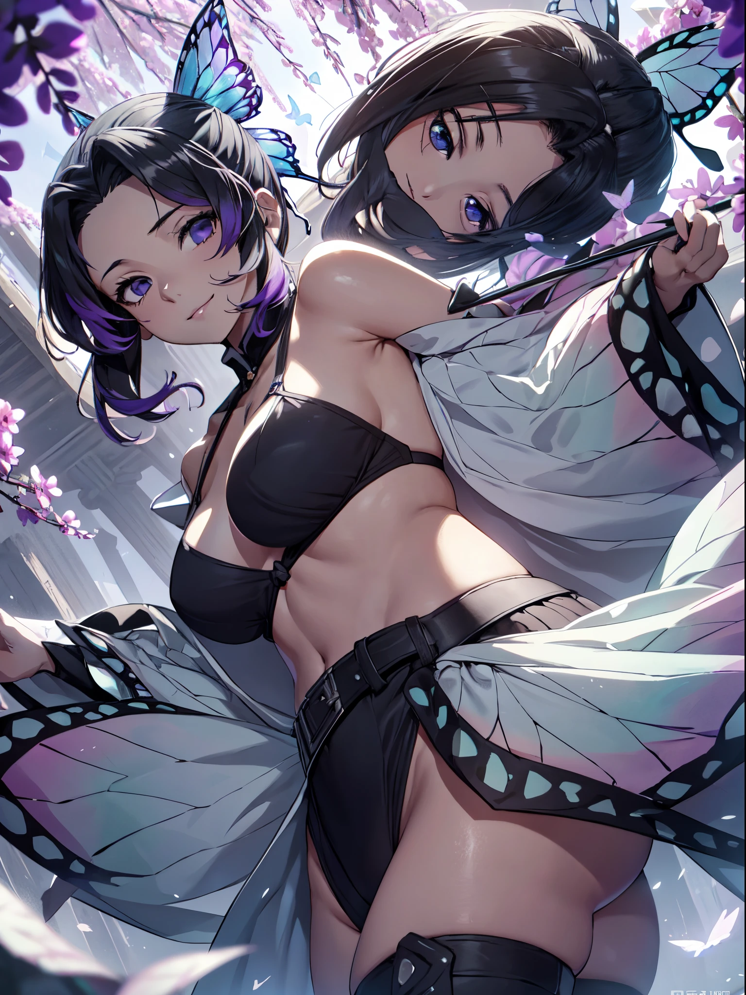 Ultra-realistic 8kCG,tmasterpiece,((hyper detailed background,delicate patterns,intricate-detail)),best qualtiy,extremely detailed man,extremely detailed eye and face,extremely detailed eye,kochou shinobu,O cabelo multicolorido,No bangs,Hair intake,Black eye,Cap,Black shirt,Black panties,(The bikini),butterflys,Strip Strip,(Trepical Garden:1.2),purple flower,Mostly cloudy sky,rays of sunshine,Tyndall effect,gradient_Heaven,faces,Beautiful sky,Saber on the waist,enchanting posture,(large full breasts:1.3),(cleaveage:1.3),(Off-the-shoulder costumes:1.5),ssmile, Appearance from behind, butt sticks out