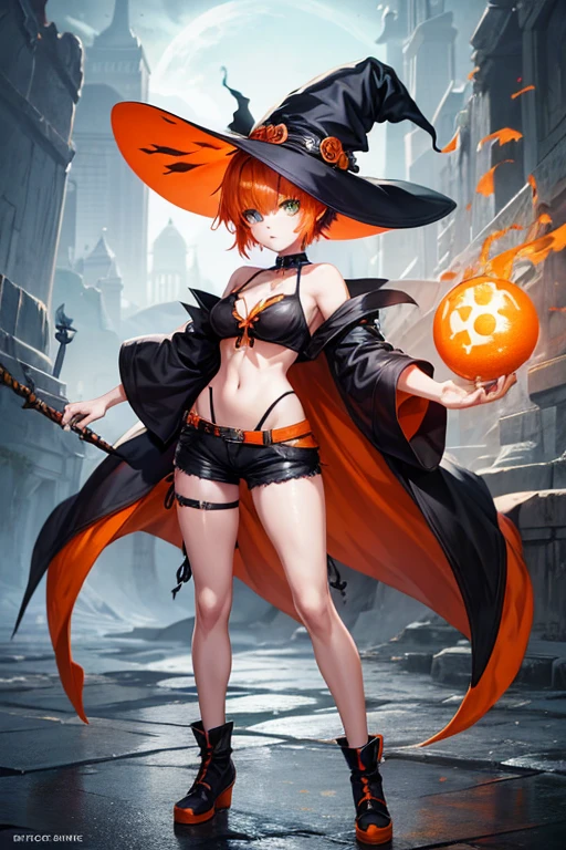 an anime style full body image of a witch with white skin, orange short hair, green eyes, and a witch hat with an orange band around the top, shes wearing a black short top and black trousers