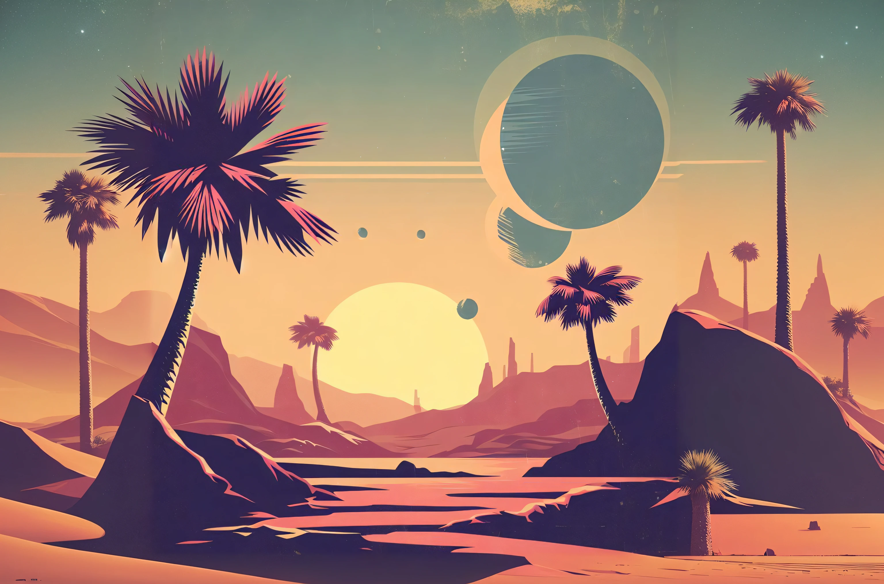 a close up of a poster of a desert with palm trees, retro sci - fi art, deserted planet, planet landscape, beautiful retro art, desert planet, suns set on a desert planet, another planet, exoplanet landscape, arid planet, 4k solarpunk wallpaper, no man's sky landscape, on a lush fertile alien planet, background artwork