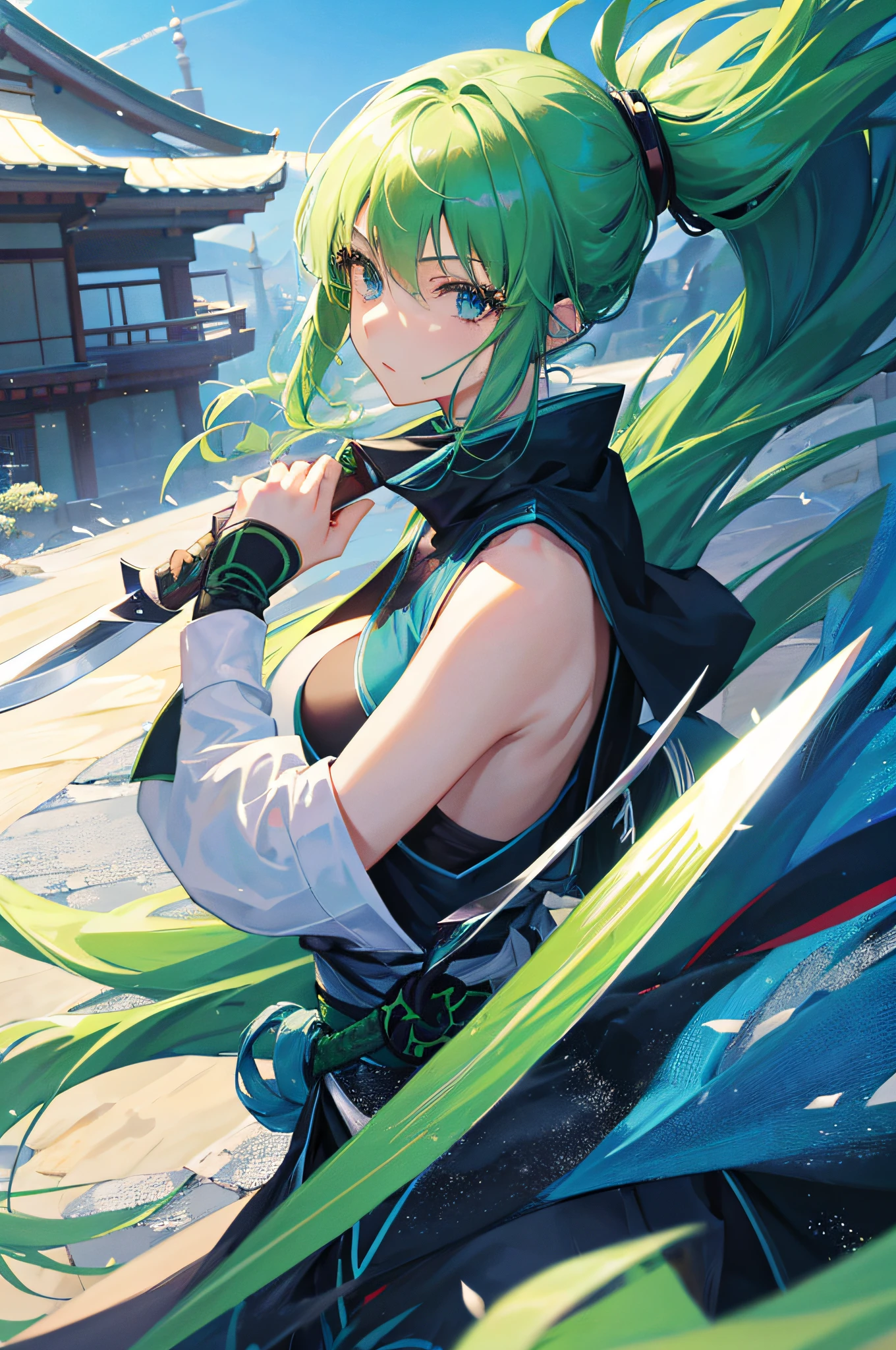 4K,hight resolution,One Woman,Green hair,Blue eyes,Longhaire,ninjartist,White Ninja Uniform,Knives,shuriken,Japan castle town