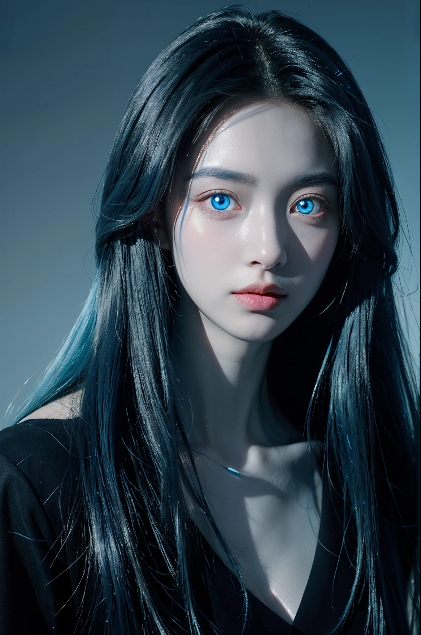 Best quality at best,Perfect masterpiece,Perfect artwork,official works,8K,(portrait of upper body:1.5),(looking aside:1.5),Close-up shot,Blue long-haired girl,(lightblue hair:1.3),(Blue transparent glowing eyes:1.5),merfolk,the ocean,(with black background:1.3),k hd,detail representation,c4d,3D,octaneratingrendering,ray traycing,Complicated details,Animated lights,Renderer,