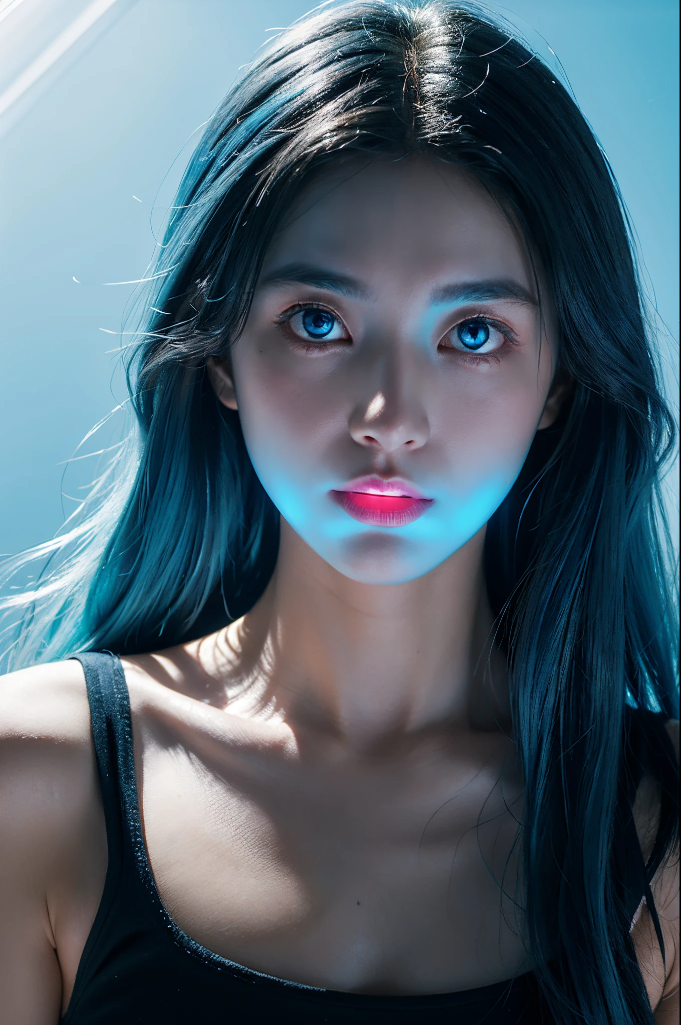Best quality at best,Perfect masterpiece,Perfect artwork,official works,8K,(portrait of upper body:1.5),(looking aside:1.5),Close-up shot,Blue long-haired girl,(lightblue hair:1.3),(Blue transparent glowing eyes:1.5),merfolk,the ocean,(with black background:1.3),k hd,detail representation,c4d,3D,octaneratingrendering,ray traycing,Complicated details,Animated lights,Renderer,