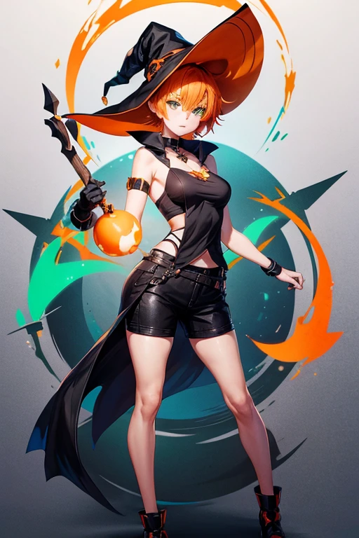 an anime style full body image of a witch with white skin, orange short hair, green eyes, and a witch hat with an orange band around the top, shes wearing a black short top and black trousers