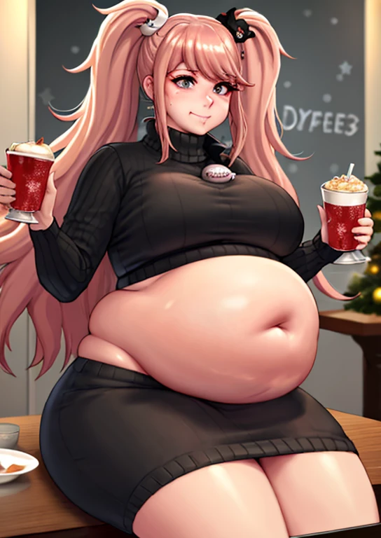 big belly, sitting, pregnant, fat, large stomach, fatty, fat, large belly, standing, fat belly, very fat, large stomach, chubby,very fat, safe for work, obese, giant belly, fat, huge, heavy, very fat, safe for work, fat, large belly, big belly, very fat, large stomach, chubby (best quality, masterpiece), Junko Enoshima, Christmas, wearing sweater, table with food, fat