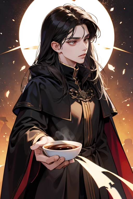 Espresso Cookie wears both long dark robes with a cape with a large collar and eye pattern on the back.