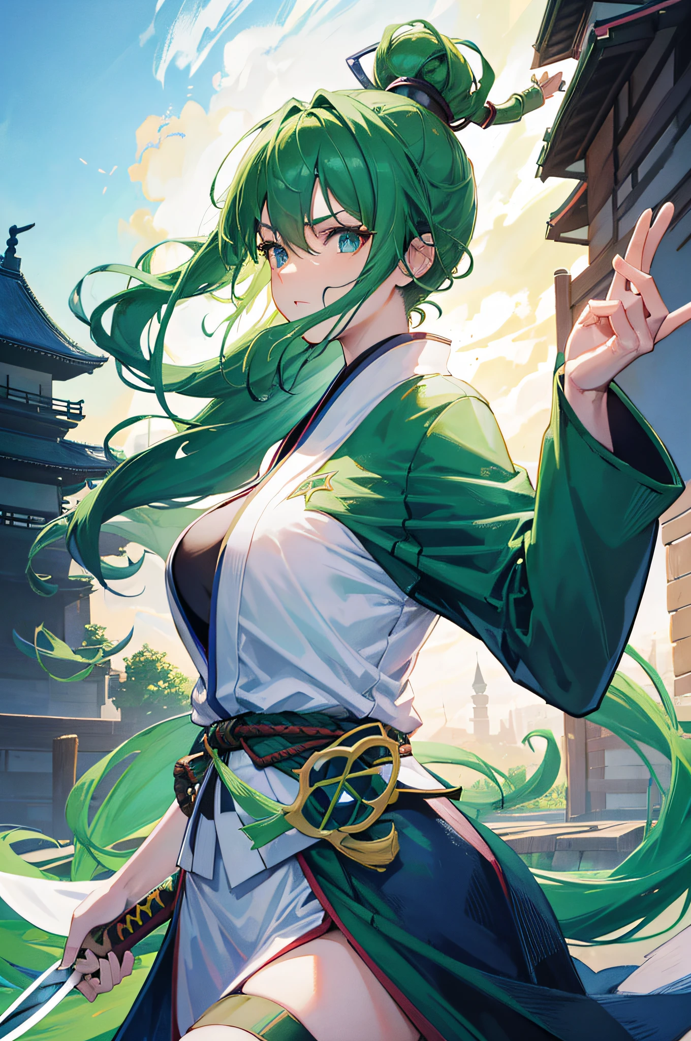 4K,hight resolution,One Woman,Green hair,Blue eyes,Longhaire,ninjartist,White Ninja Uniform,Knives,shuriken,Japan castle town